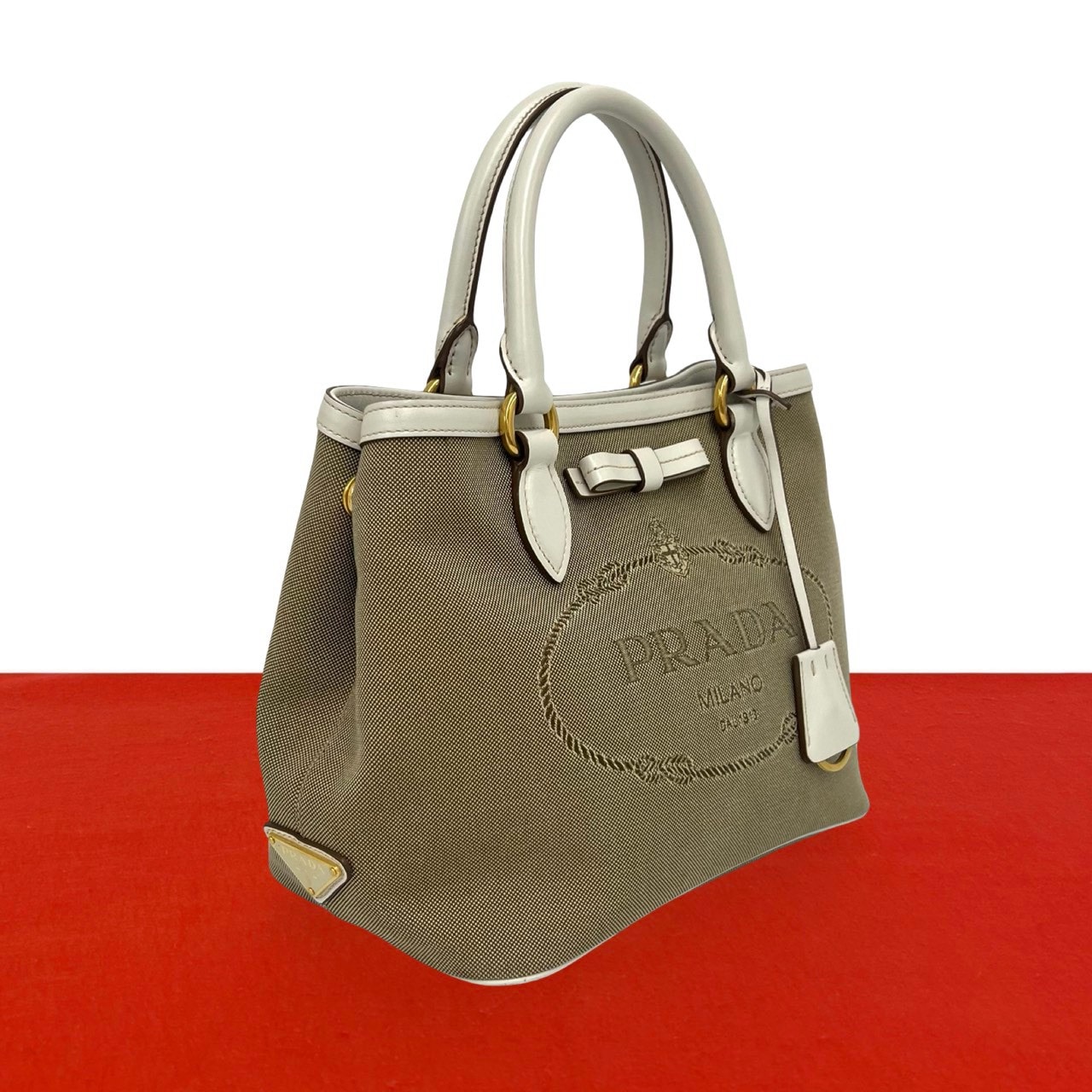 PRADA プラダ ロゴ キャンバス レザー ハンドバッグ ブラウン
 91239