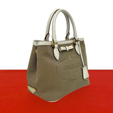 PRADA プラダ ロゴ キャンバス レザー ハンドバッグ ブラウン
91239