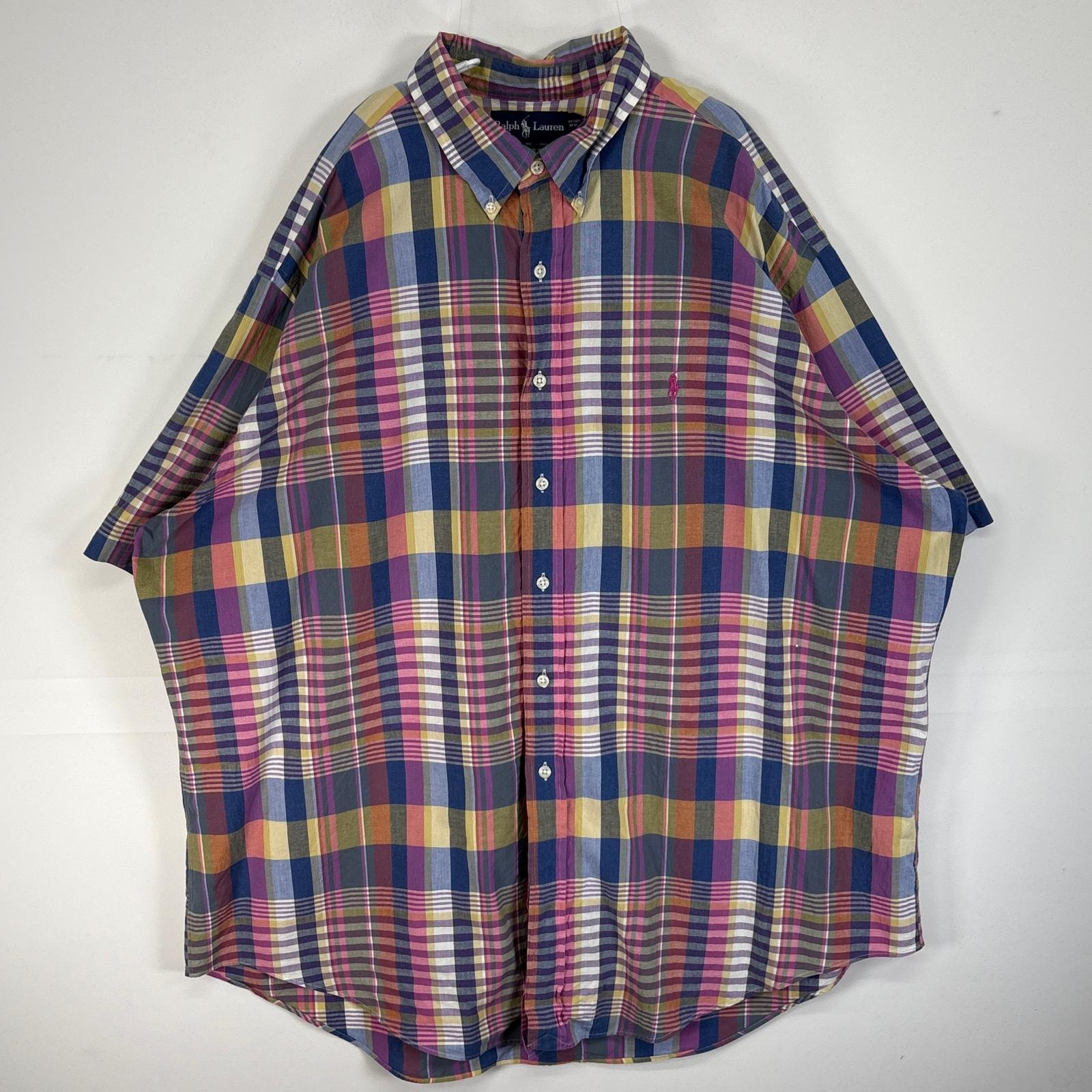 古着 ラルフローレン RALPH LAUREN 半袖シャツ ロゴ 刺繍 チェック ボタンダウン 14041 ピンク系 マルチカラー メンズ