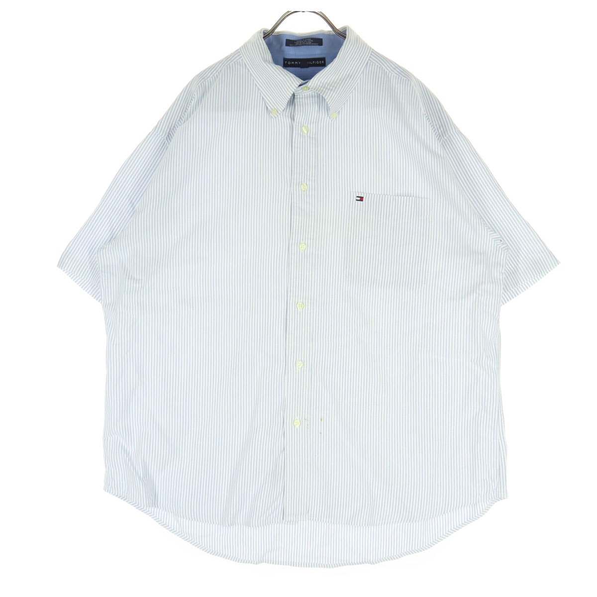 TOMMY HILFIGER トミーヒルフィガー コットン ストライプ柄 半袖 胸ポケット ボタンダウンシャツ XL ライトブルー系