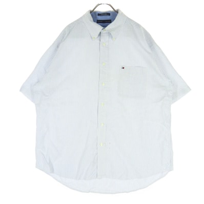 TOMMY HILFIGER トミーヒルフィガー コットン ストライプ柄 半袖 胸ポケット ボタンダウンシャツ XL ライトブルー系