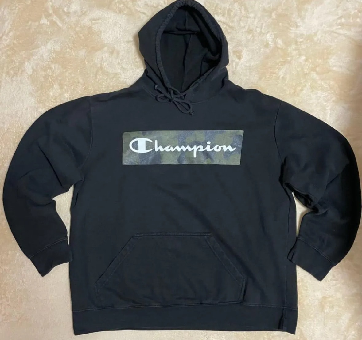 Champion チャンピオン プルオーバー パーカー カモフラ ロゴ ブラック 1XL 古着 黒 スウェット 裏起毛