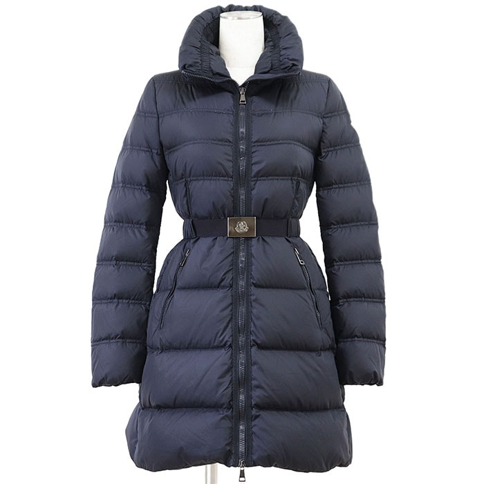 MONCLER モンクレール ダウンコート ACCENTEUR 2019年製 ロゴ ワッペン メタルバックル ベルテッド スタンドカラー ナイロン100% ジャケット アウター レディース サイズ 0 ネイビー 紺 ルーマニア製