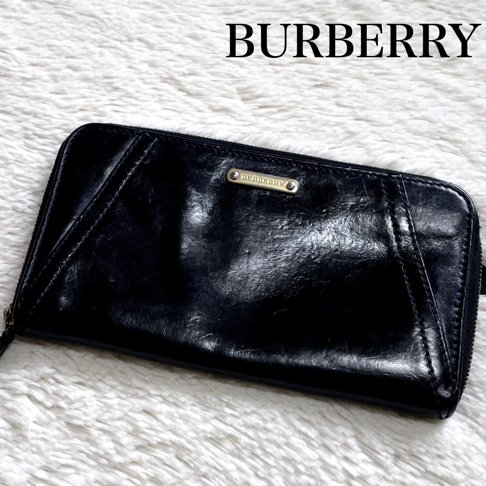 BURBERRY バーバリー 金 ロゴプレート ラウンドファスナー 長財布 黒