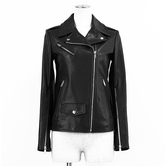 【美品】PRADA プラダ ライダースジャケット サイズ 36 レディース ラムレザー 羊革 シルバー アシンメトリージップ アウター ブラック 黒 イタリア製
