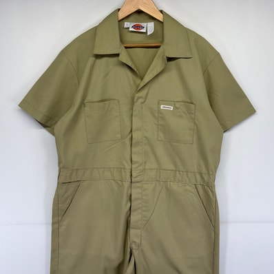 古着 ディッキーズ Dickies 半袖つなぎ オールインワン ワンポイントロゴ ワーク 作業着 ジャンプスーツ 13201 ベージュ メンズ