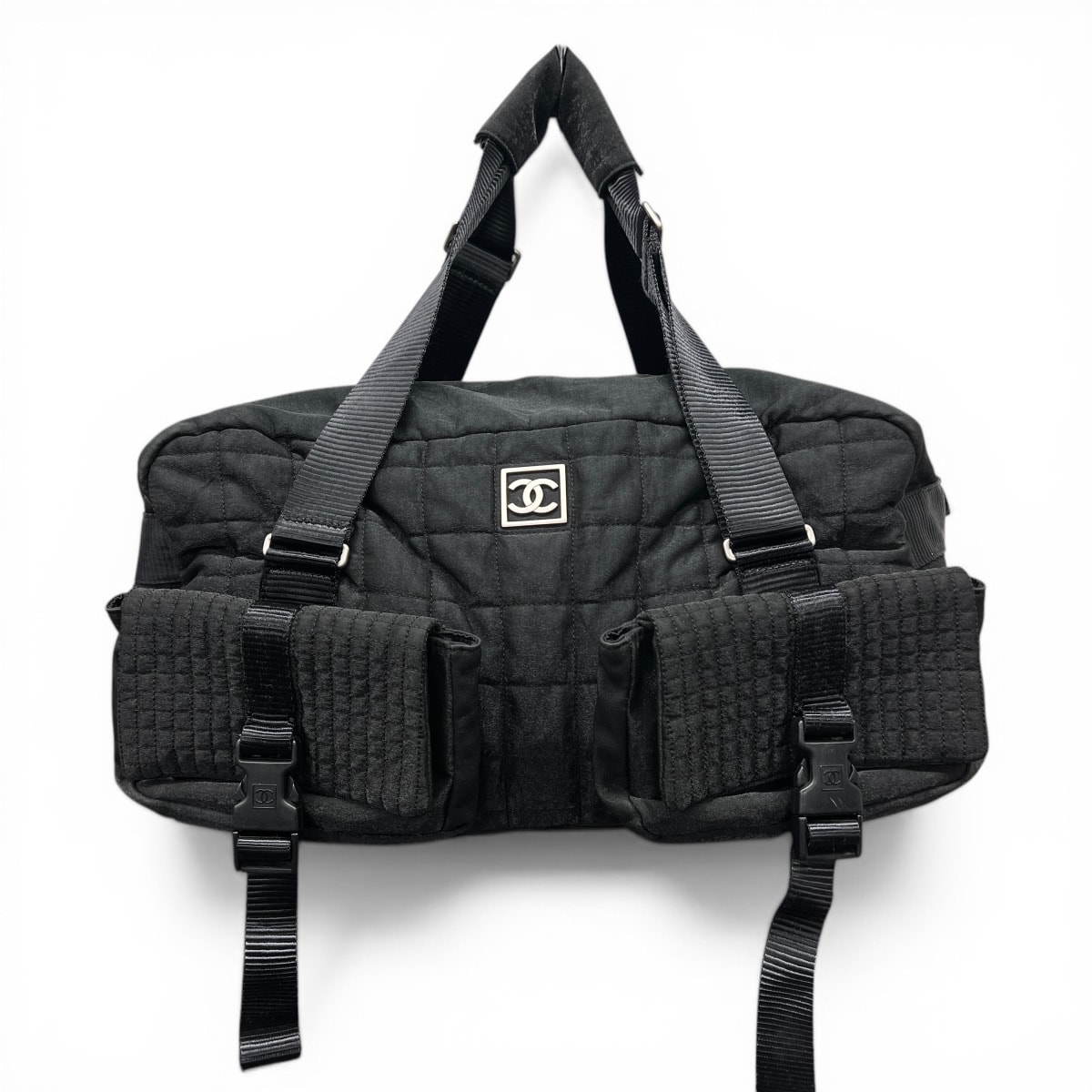 CHANEL 希少 美品 シャネル スポーツライン チョコバー ボストンバッグ 10番台シリアル ナイロン ラバー ブラック シルバー金具 ココマーク キルティング ハンドバッグ ショルダーバッグ ヴィンテージ ABランク 鑑定済 中古 シャネルバッグ