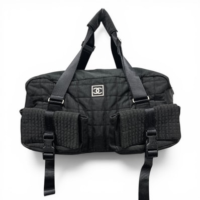 CHANEL 希少 美品 シャネル スポーツライン チョコバー ボストンバッグ 10番台シリアル ナイロン ラバー ブラック シルバー金具 ココマーク キルティング ハンドバッグ ショルダーバッグ ヴィンテージ ABランク 鑑定済 中古 シャネルバッグ