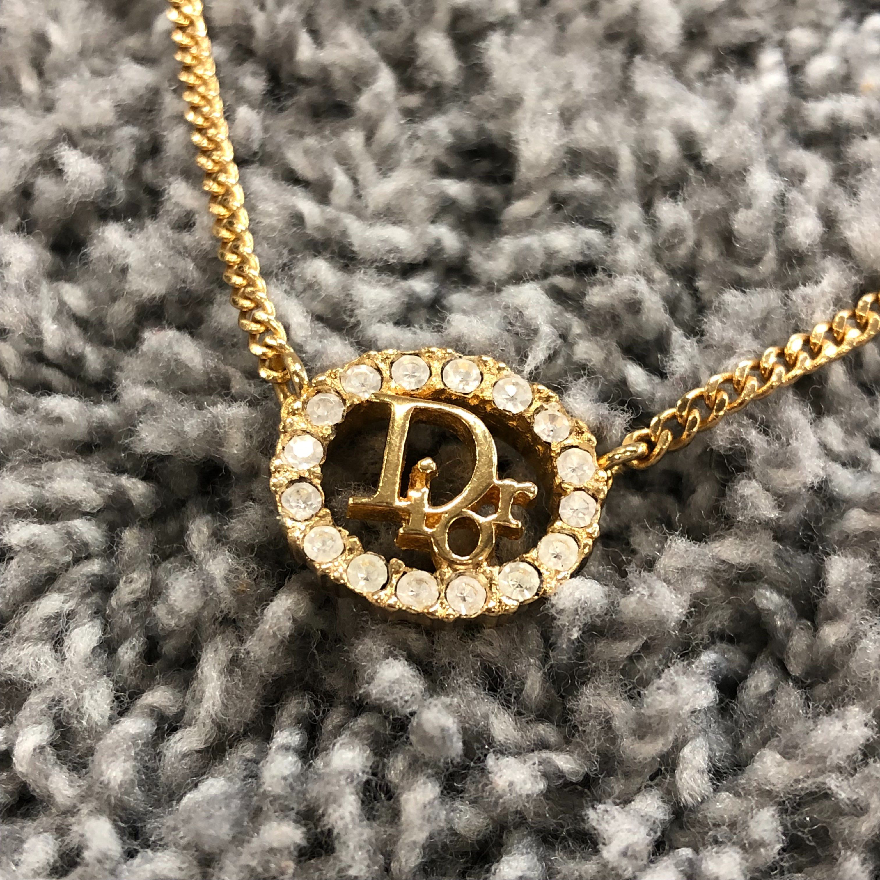 Dior Logo Rhinestone Oval Necklace "Gold"