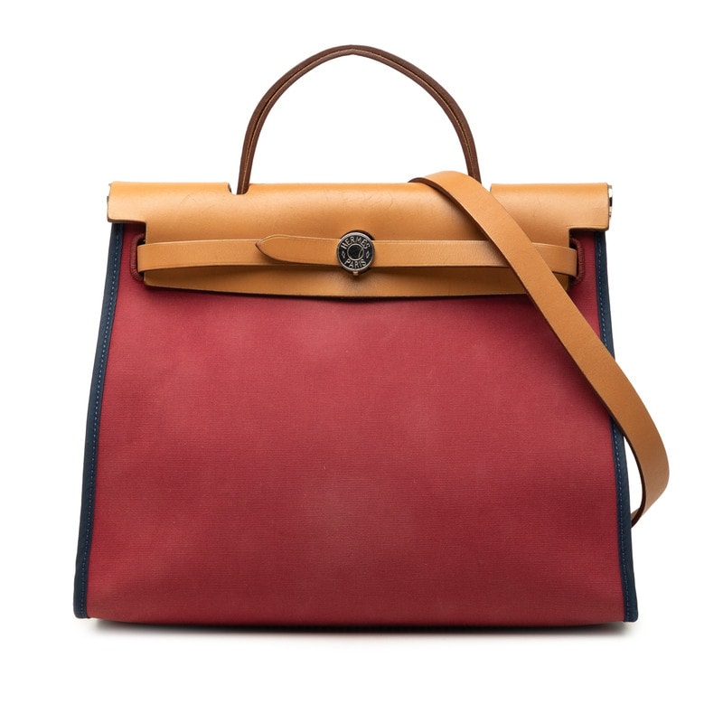 エルメス エールバッグ ジップPM ハンドバッグ ショルダーバッグ 2WAY レッド ネイビー キャンバス レザー レディース HERMES 【中古】