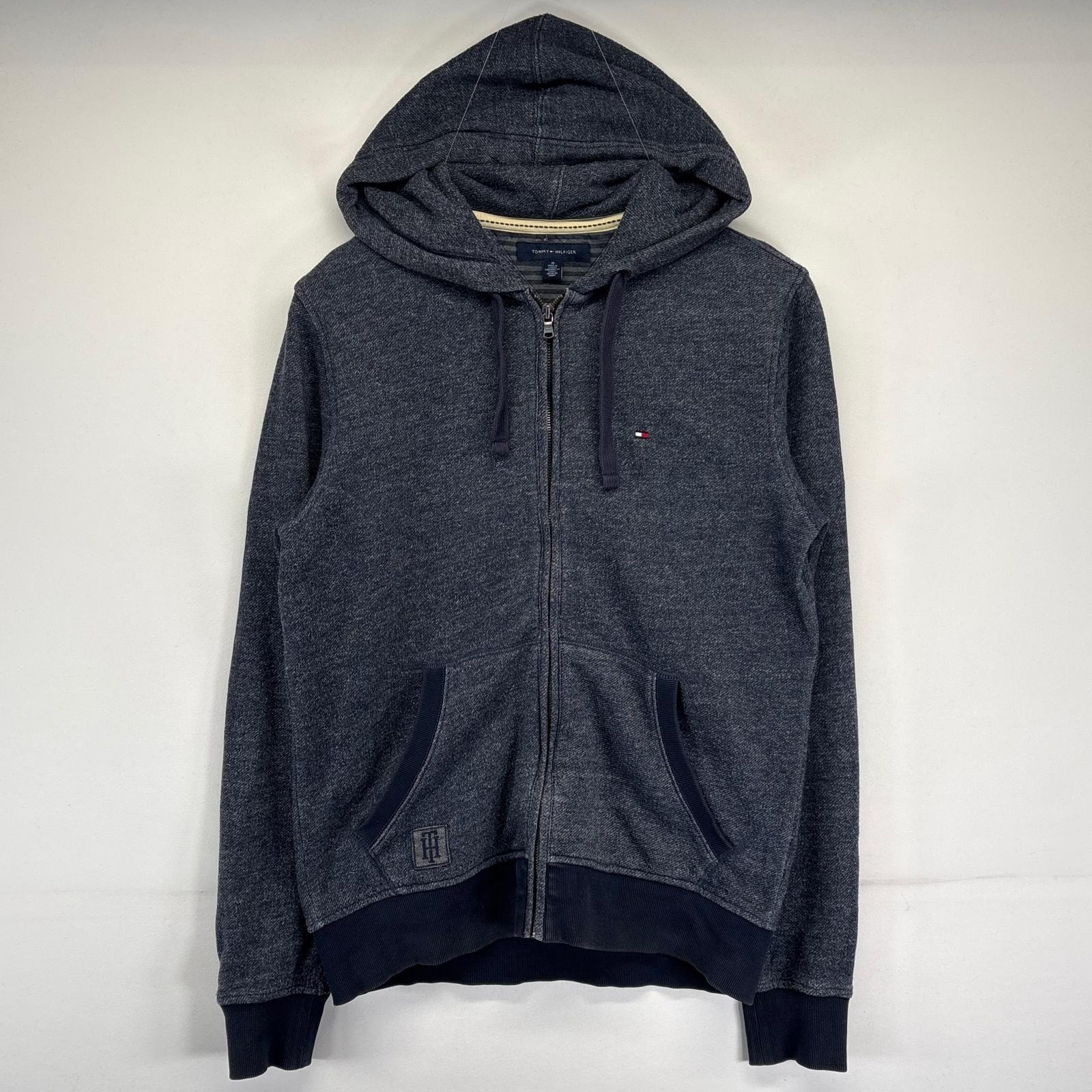 古着 トミーヒルフィガー TOMMY HILFIGER パーカー フルジップ ワンポイントロゴ刺繍 フーディー M  ネイビー メンズ