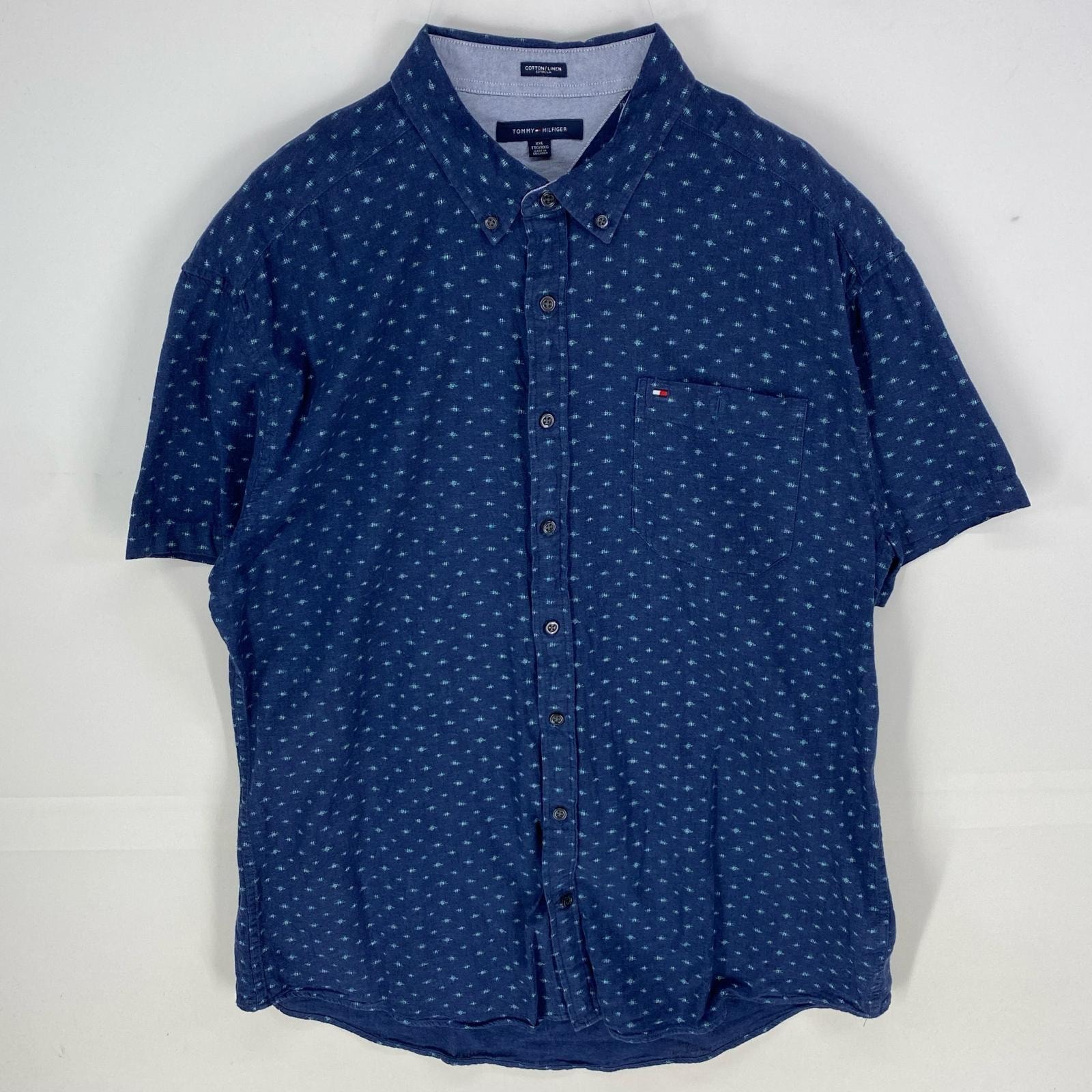 古着 トミーヒルフィガー TOMMY HILFIGER 半袖シャツ 刺繍ロゴ 胸ポケット 大きいサイズ 2XL ネイビー系 総柄 メンズ