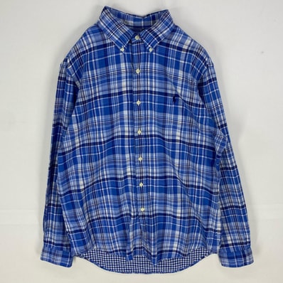 古着 ラルフローレン RALPH LAUREN 長袖シャツ ボタンダウン ワンポイント カラーポニー ロングスリーブ M ブルー系 チェック メンズ