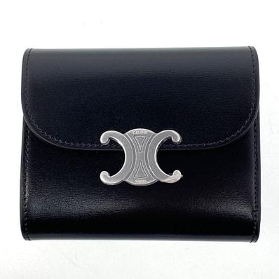 CELINE セリーヌ トリオンフ スモール フラップウォレット 三つ折り財布 10D783 レザー ブラック シルバー金具 レディース【中古】