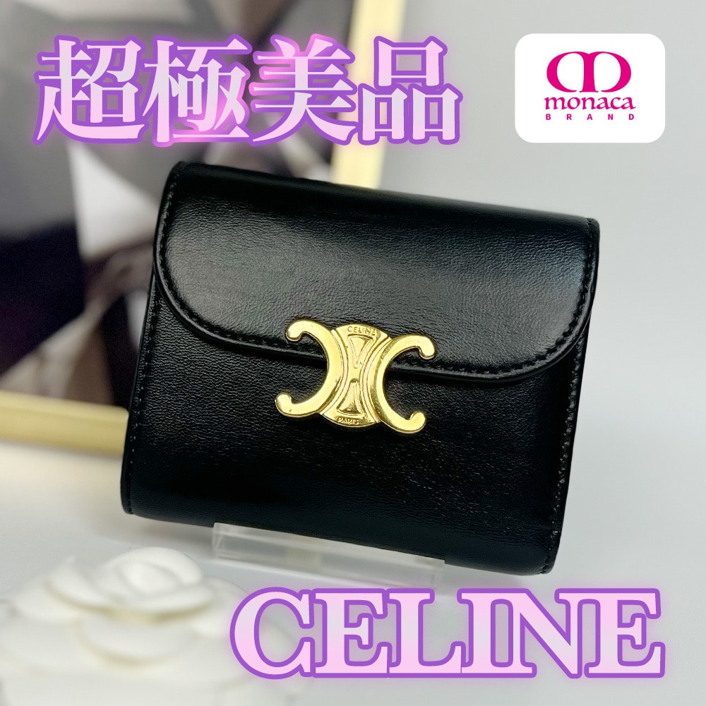(極美品)新品、CELINE トリオンフ三つ折りスモールウォレットブラック財布 美品】CELINE トリオンフ 入れ付き三つ折り財布 ブラック CELINE [新品