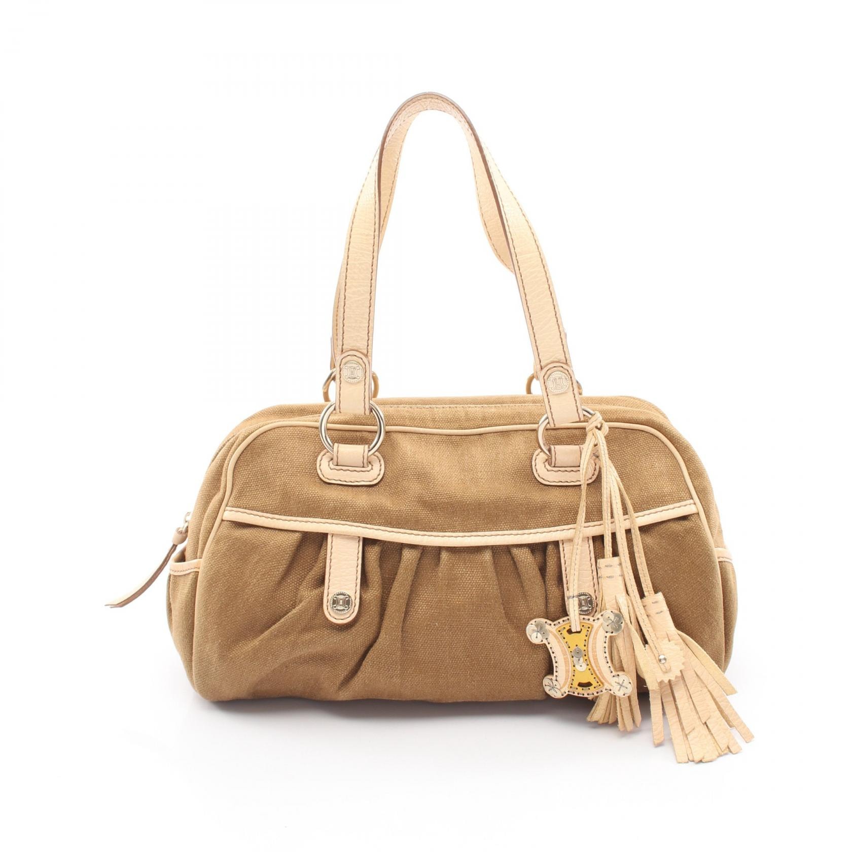 セリーヌ CELINE マカダム タッセル ハンドバッグ バッグ キャンバス レザー レディース カーキ系 / ベージュ系 【中古】