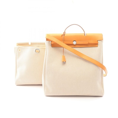 エルメス HERMES エールバッグMM 2WAY ハンドバッグ バッグ キャンバス レザー トワルアッシュ / ヴァッシュハンター トワルアッシュ エクリュ □G刻印(2003年製造) レディース ベージュ系 / ブラウン系 / ナチュラルサブレ 【中古】