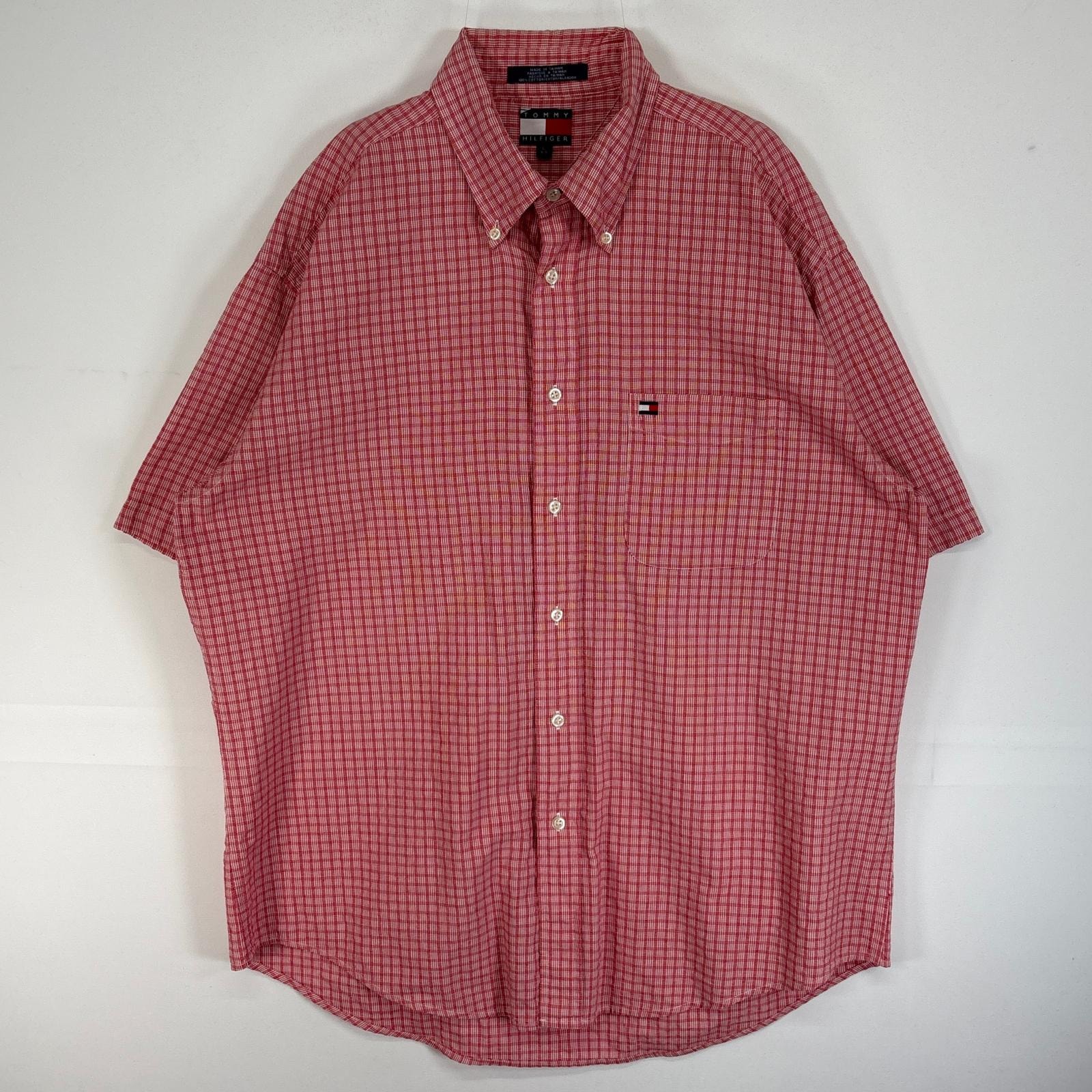 古着 90's/90年代 トミーヒルフィガー TOMMY HILFIGER 半袖シャツ ロゴ 刺繍 胸ポケ ボタンダウン L  レッド系 チェック メンズ
