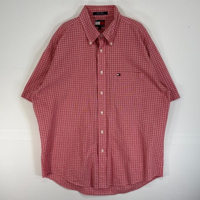 古着 90's/90年代 トミーヒルフィガー TOMMY HILFIGER 半袖シャツ ロゴ 刺繍 胸ポケ ボタンダウン L レッド系 チェック メンズ
