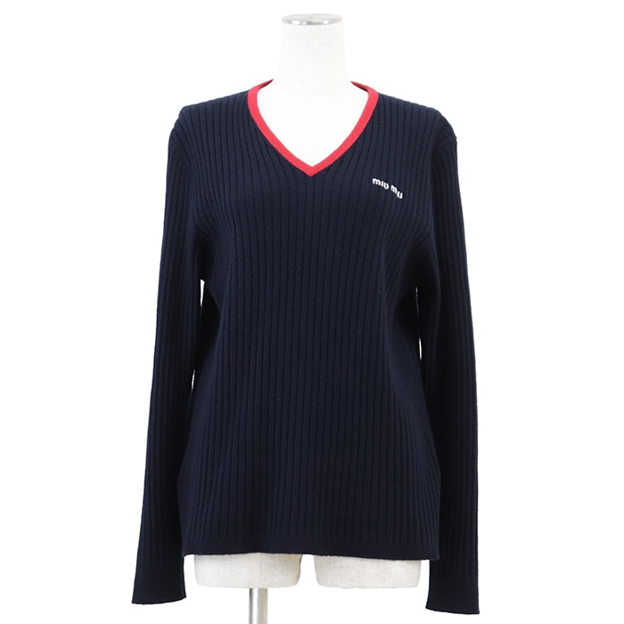 Miu Miu ミュウ ミュウ ニットセーター 38 レディース 2024年モデル シグネチャー ロゴ エンブロイダリー 刺繍 リブ Vネック カシミヤ100% プルオーバー ロングスリーブ 長袖 バイカラー トップス ネイビー レッド 紺 赤 イタリア製