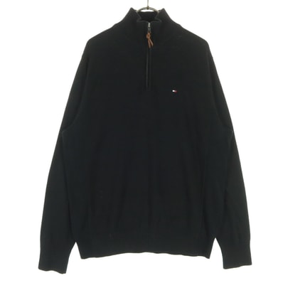 TOMMY HILFIGER トミーヒルフィガー コットン ワンポイントロゴ 長袖 ハーフジップ ニット M ブラック
