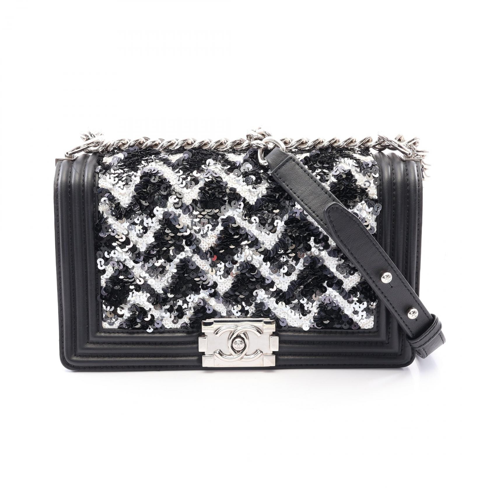 シャネル CHANEL ボーイシャネル スパンコール ショルダーバッグ バッグ ラムスキン(羊革) レディース ブラック系 / ホワイト系 A67086 【中古】