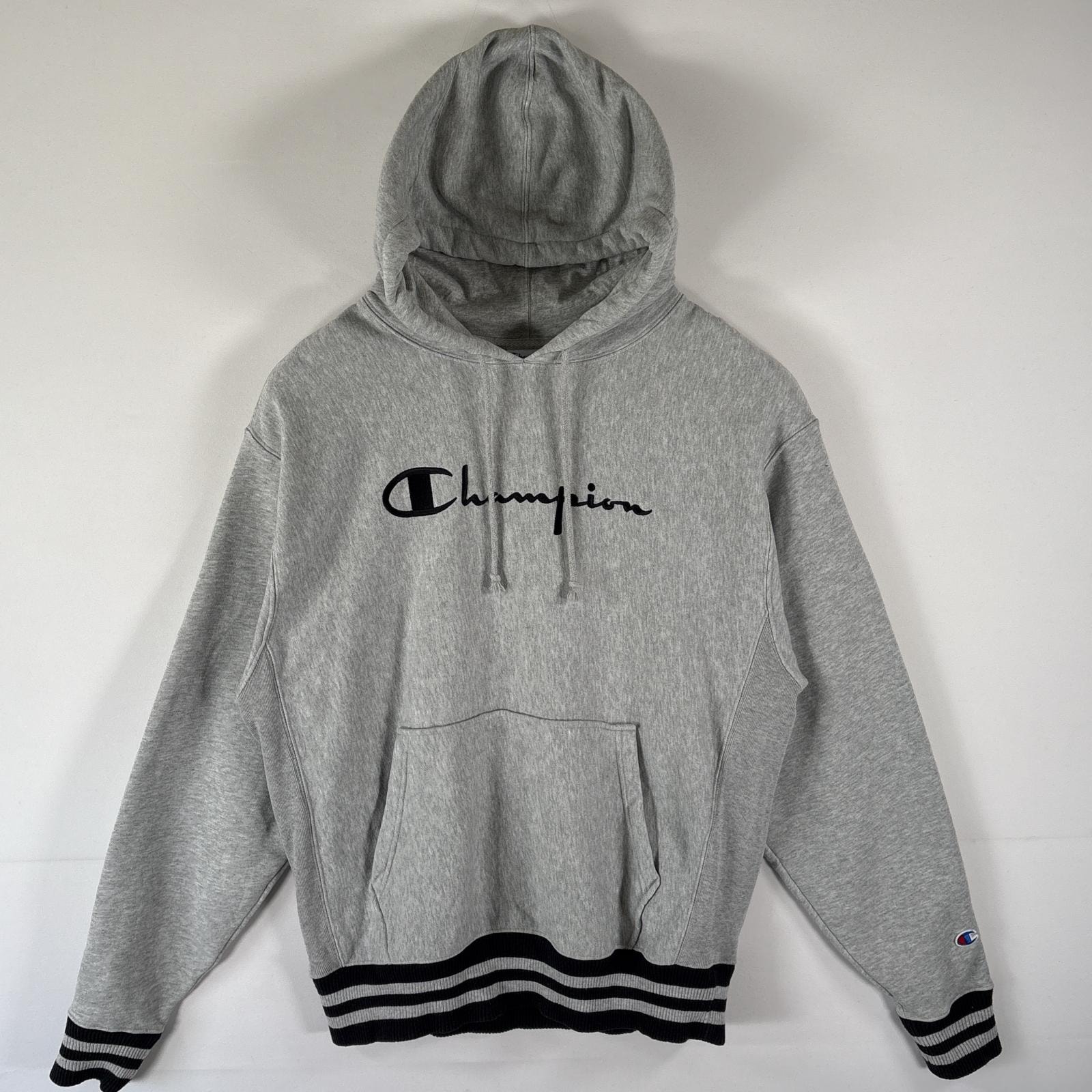 古着 チャンピオン Champion パーカー リバースウィーブ リブ ビッグロゴ刺繍 スウェット フーディ プルオーバー L グレー メンズ
