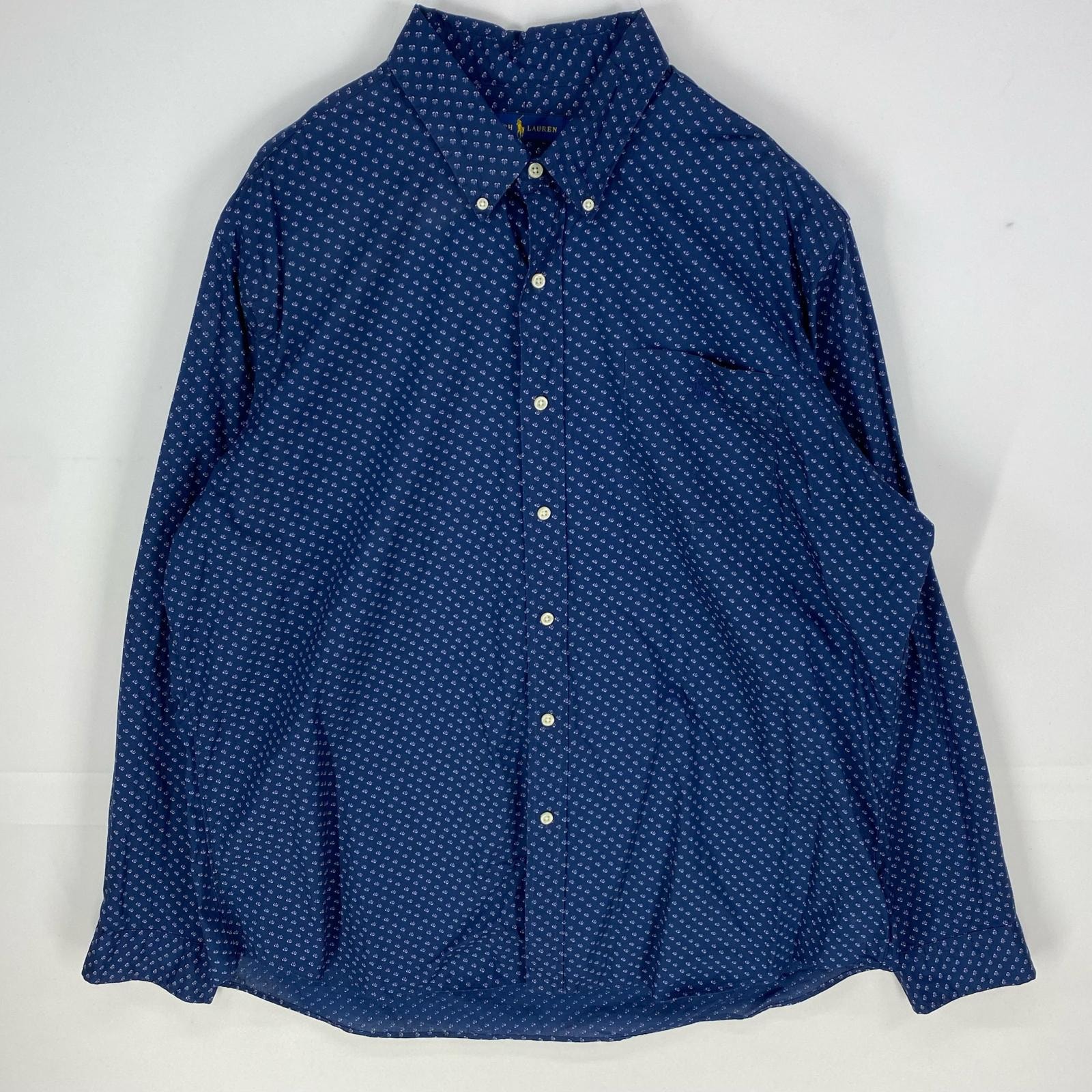 古着 ラルフローレン RALPH LAUREN 長袖シャツ 刺繍ロゴ ワンポイント 大きいサイズ 2XL  ネイビー系 総柄 メンズ