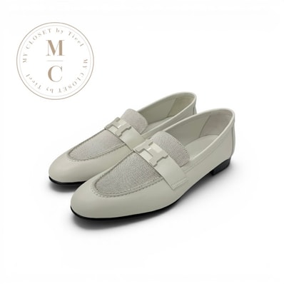 エルメス HERMES パリ ローファー 革靴 靴 シューズ レザー キャンバス アイボリー H金具 モカシン