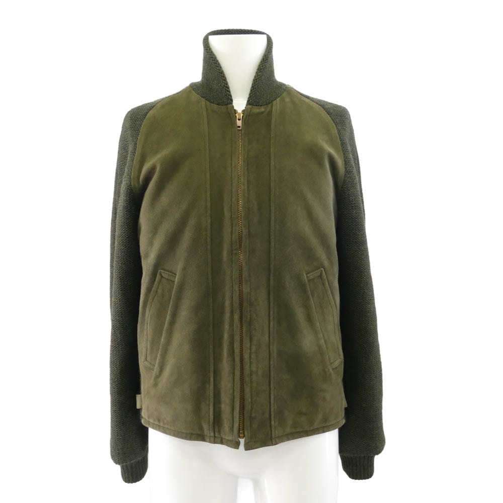 TENDERLOIN テンダーロイン T-WORK LONG JKT ウール ニット切替 ワーク ロング スエード レザー ジャケット モスグリーン系 M【中古】