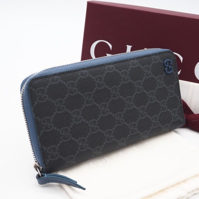 極美品 GUCCI グッチ GGスプリーム ジップアラウンドウォレット ブルー インテリア 822051 長財布 グレー ブルー コーティングキャンバス レザー メンズ