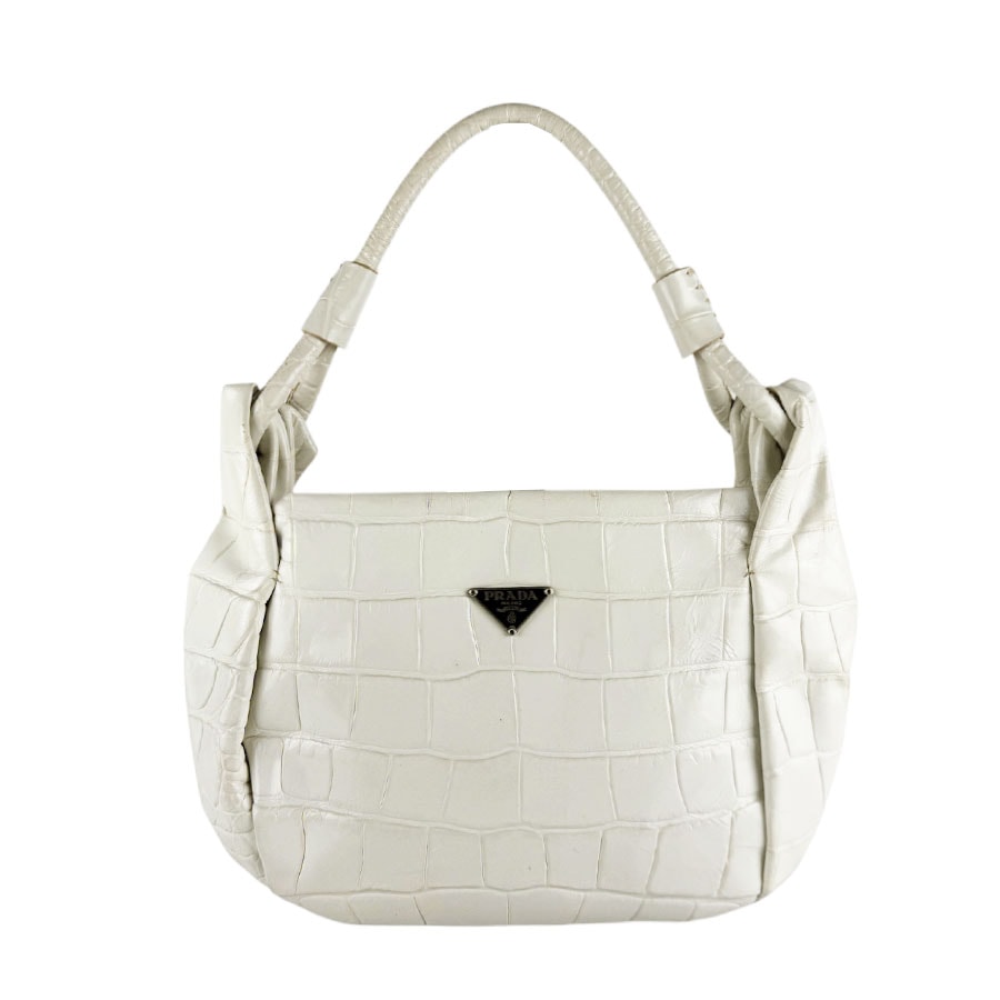 プラダ PRADA ハンドバッグ 型押しレザー オフホワイト シルバー レディース【中古】 z10198