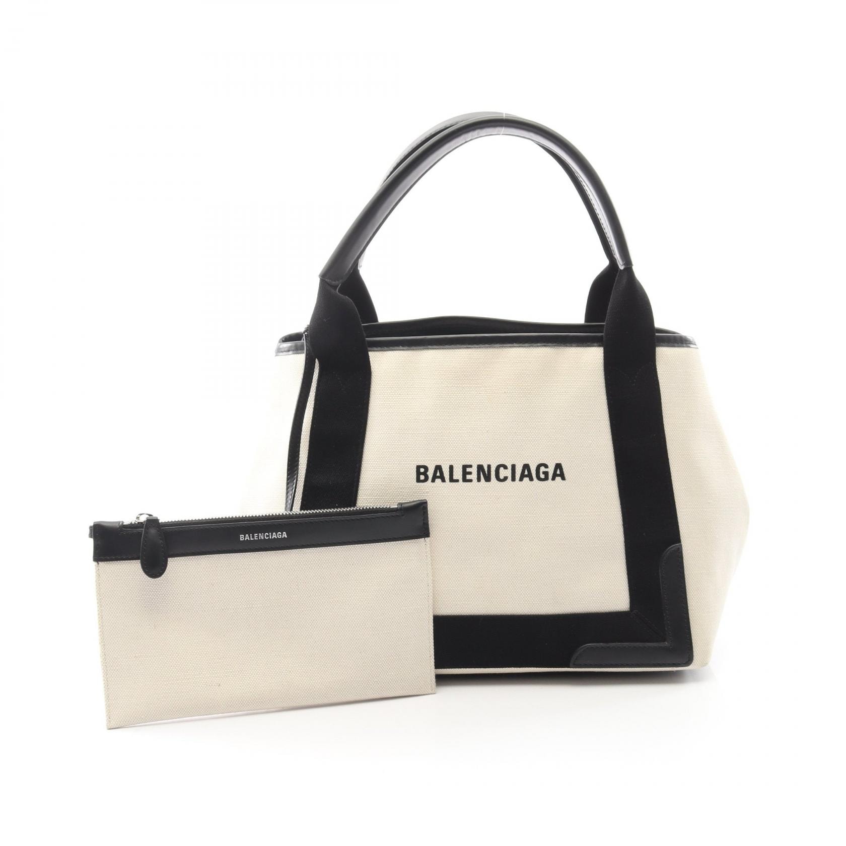 バレンシアガ BALENCIAGA NAVY CABAS S ネイビーカバ トートバッグ バッグ キャンバス レザー レディース アイボリー系 / ブラック系 【中古】