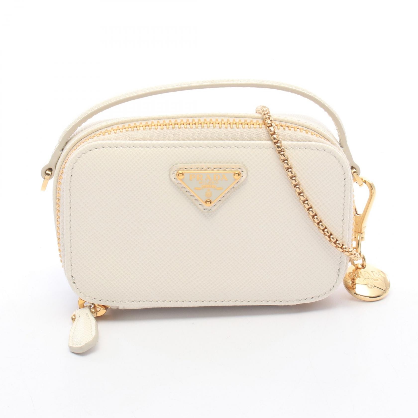 プラダ PRADA トライアングルロゴ ミニポーチ ショルダーバッグ バッグ サフィアーノレザー レディース ホワイト系 【中古】