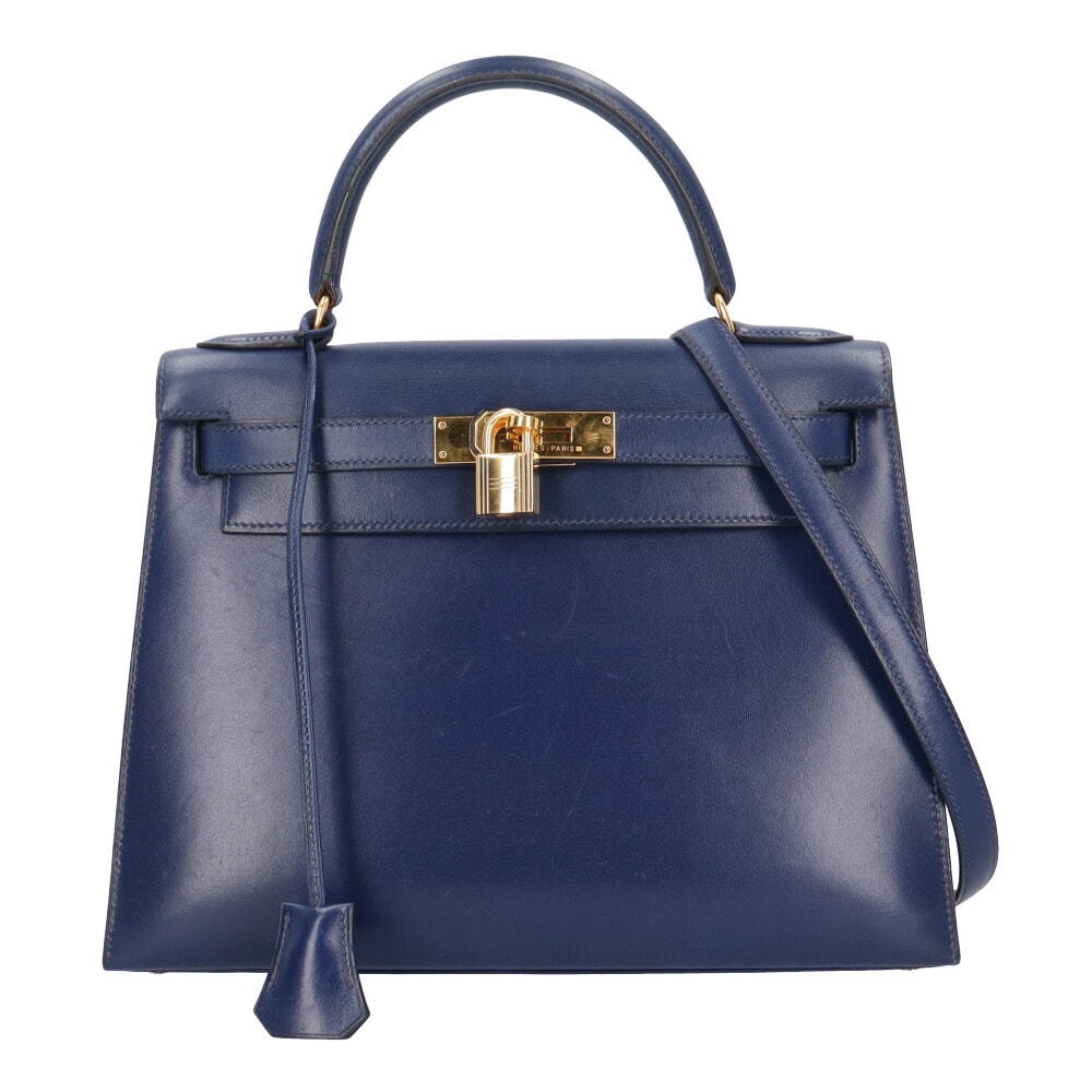 エルメス ケリー28 外縫い ショルダーバッグ ボックスカーフ ネイビー レディース HERMES  中古