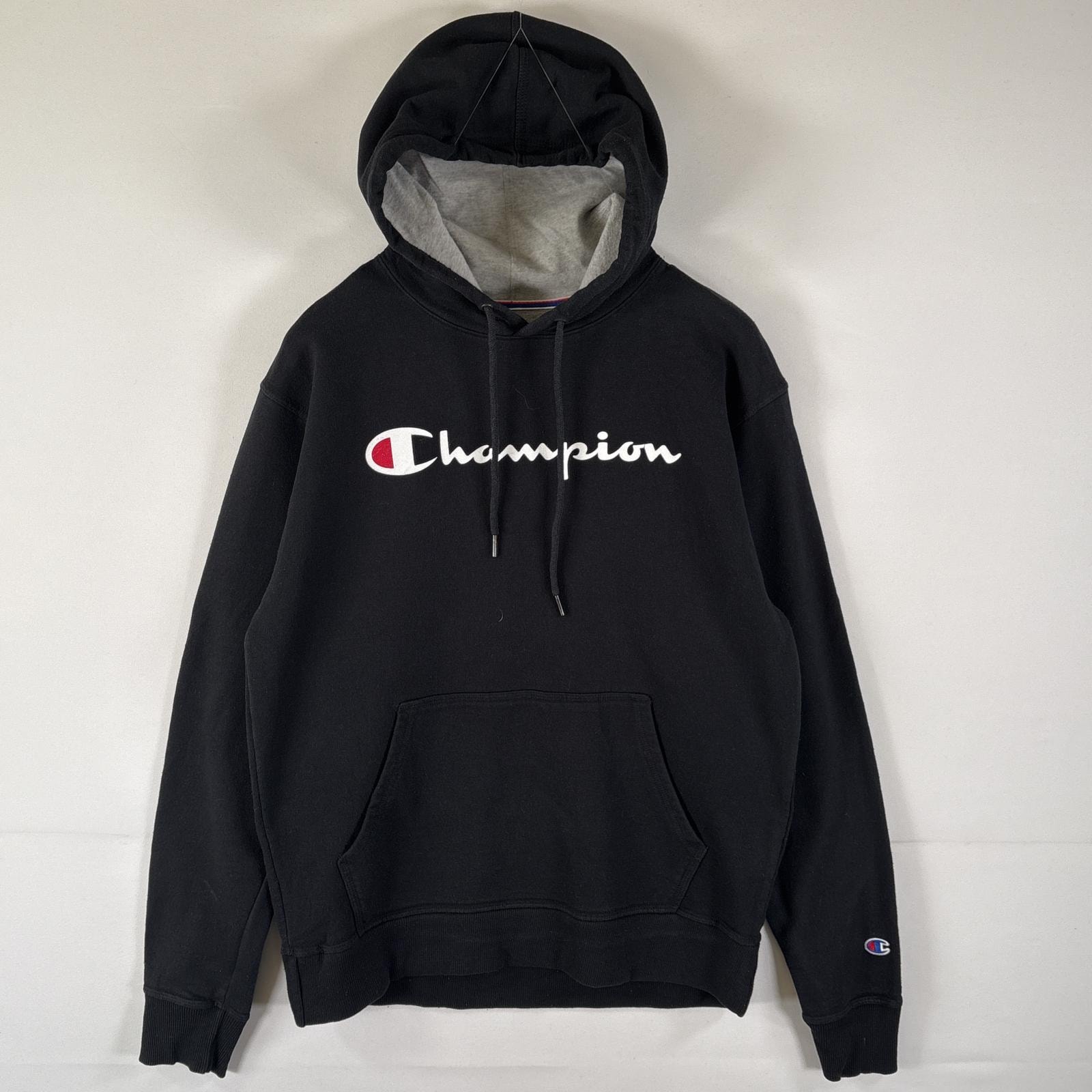 古着 チャンピオン Champion パーカー スウェット フーディ プルオーバー ビッグロゴプリント ワッペン フード紐 M  ブラック メンズ