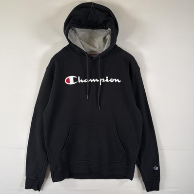 古着 チャンピオン Champion パーカー スウェット フーディ プルオーバー ビッグロゴプリント ワッペン フード紐 M ブラック メンズ
