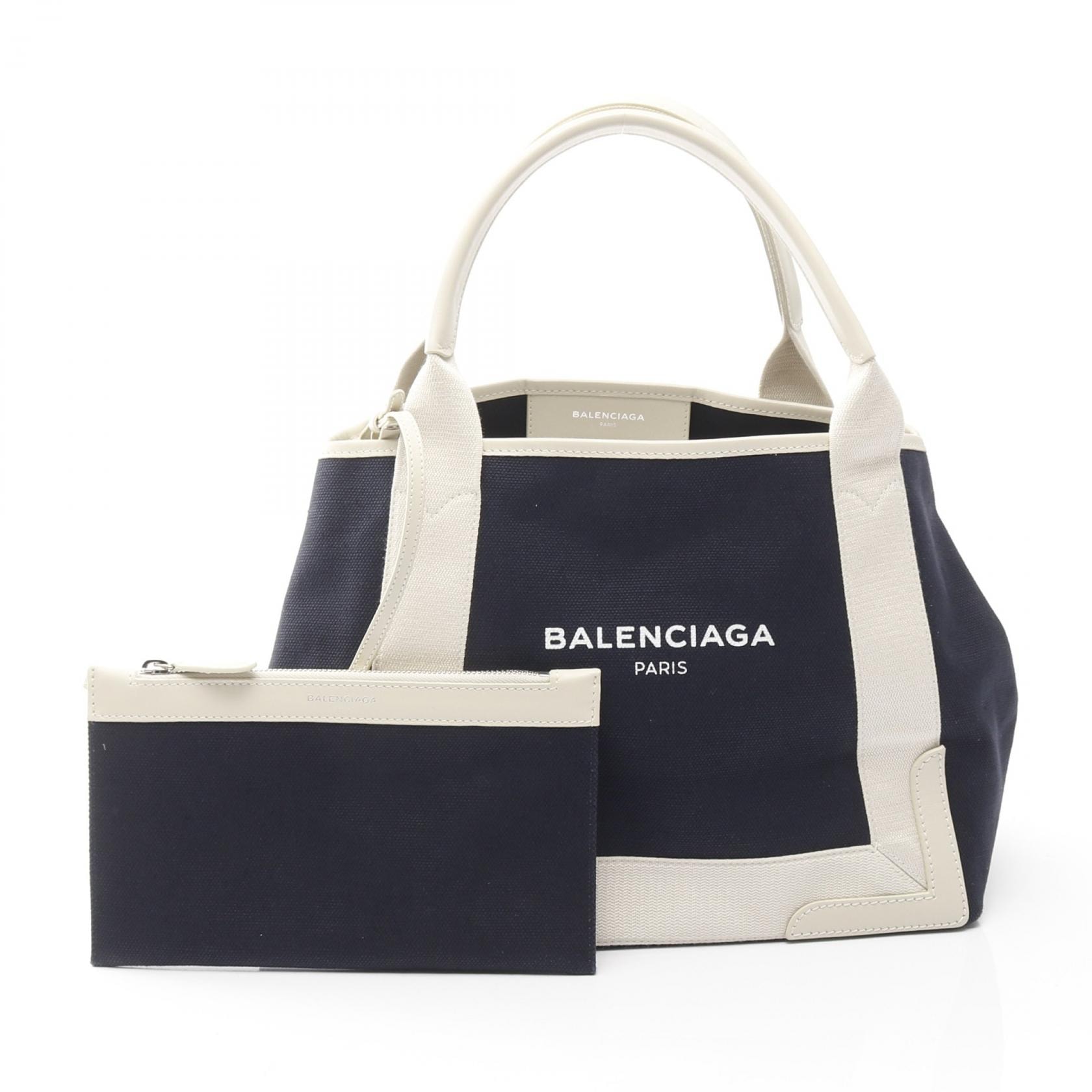 バレンシアガ BALENCIAGA NAVY CABAS S ネイビーカバ トートバッグ バッグ キャンバス レザー レディース ネイビー系 / ホワイト系 339933 【中古】