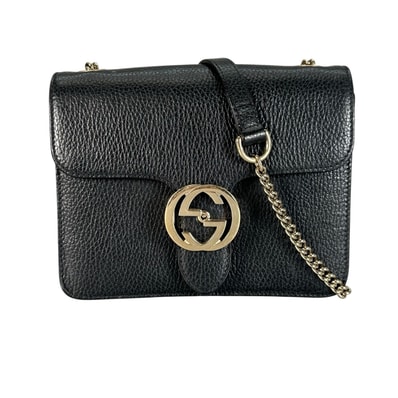 GUCCI グッチ インターロッキングG ショルダーバッグ レザー ブラック レディース【中古】