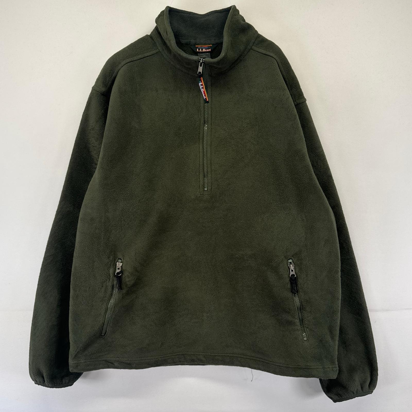 古着 エルエルビーン L.L.Bean トレーナー ハーフジップ フリース プルオーバー 裾ドローコード 厚手 L  グリーン系 無地 メンズ