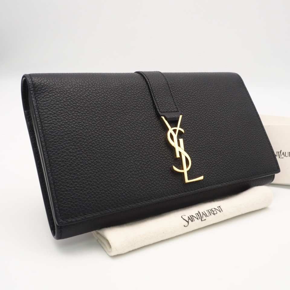 極美品 SAINT LAURENT サンローラン グレインレザー YSLライン ラージ フラップウォレット 414567 長財布 ブラック グレインカーフレザー レディース