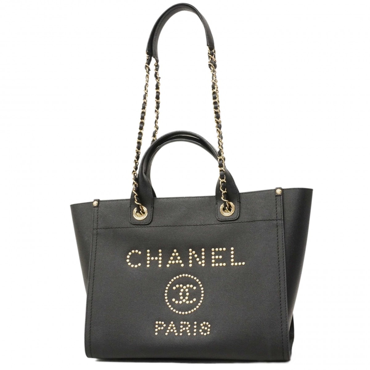 【6dc3801】シャネル チェーントート ドーヴィル キャビアスキン ブラック シャンパンゴールド金具 2wayバッグ【中古】レディース