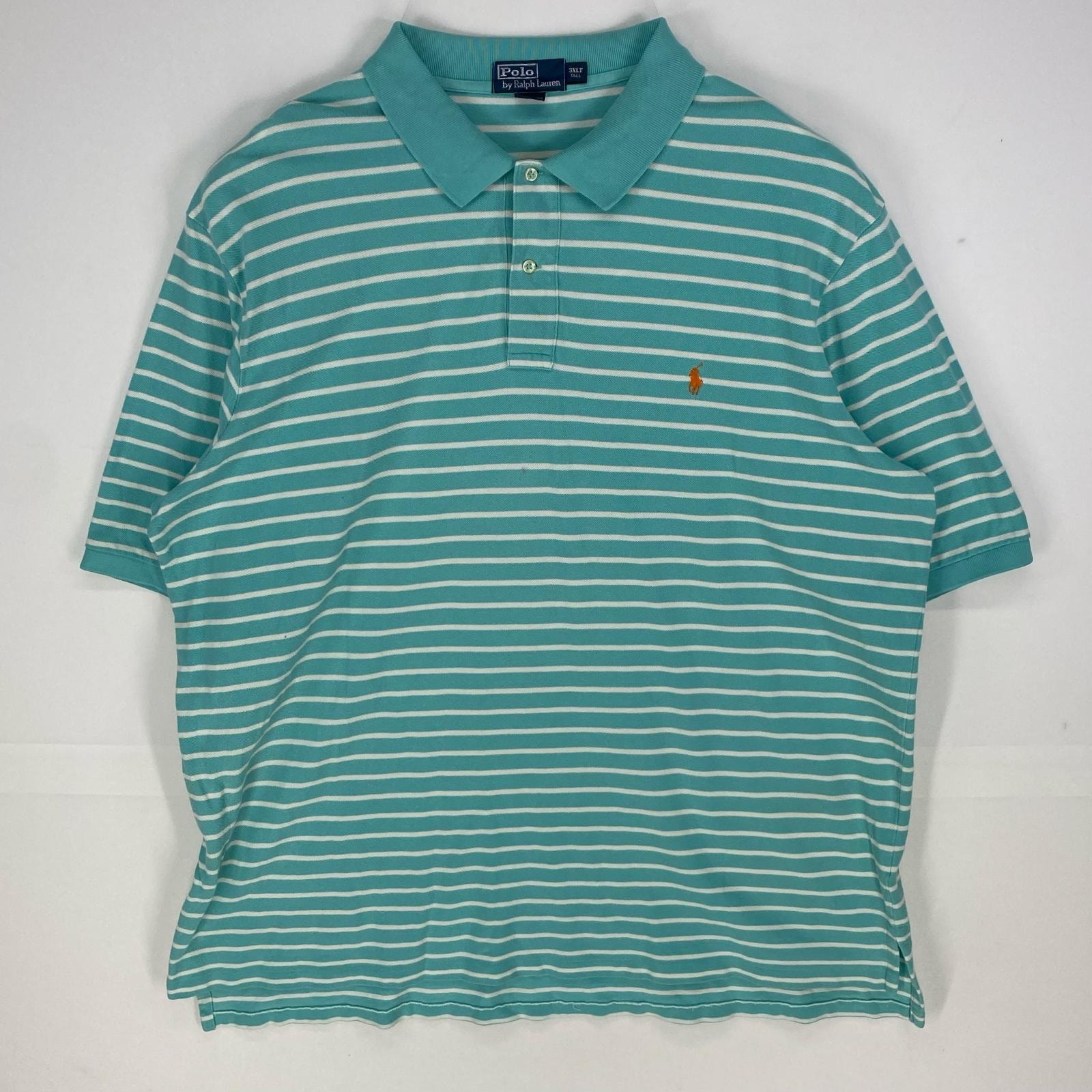 古着 ポロバイラルフローレン Polo by Ralph Lauren 鹿の子 半袖シャツ ワンポイント刺繍 ポロシャツ 3XLT  水色系 ボーダー メンズ