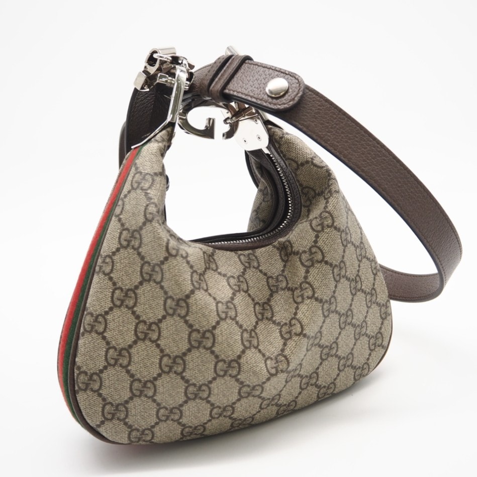 美品 GUCCI グッチ GGスプリーム アタッシェ スモール ショルダーバッグ 699409 ハンドバッグ ベージュ ブラウン コーティングキャンバス レザー レディース