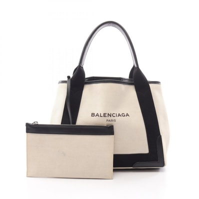 バレンシアガ BALENCIAGA NAVY CABAS S ネイビーカバ トートバッグ バッグ キャンバス レザー レディース アイボリー系 / ブラック系 339933 【中古】