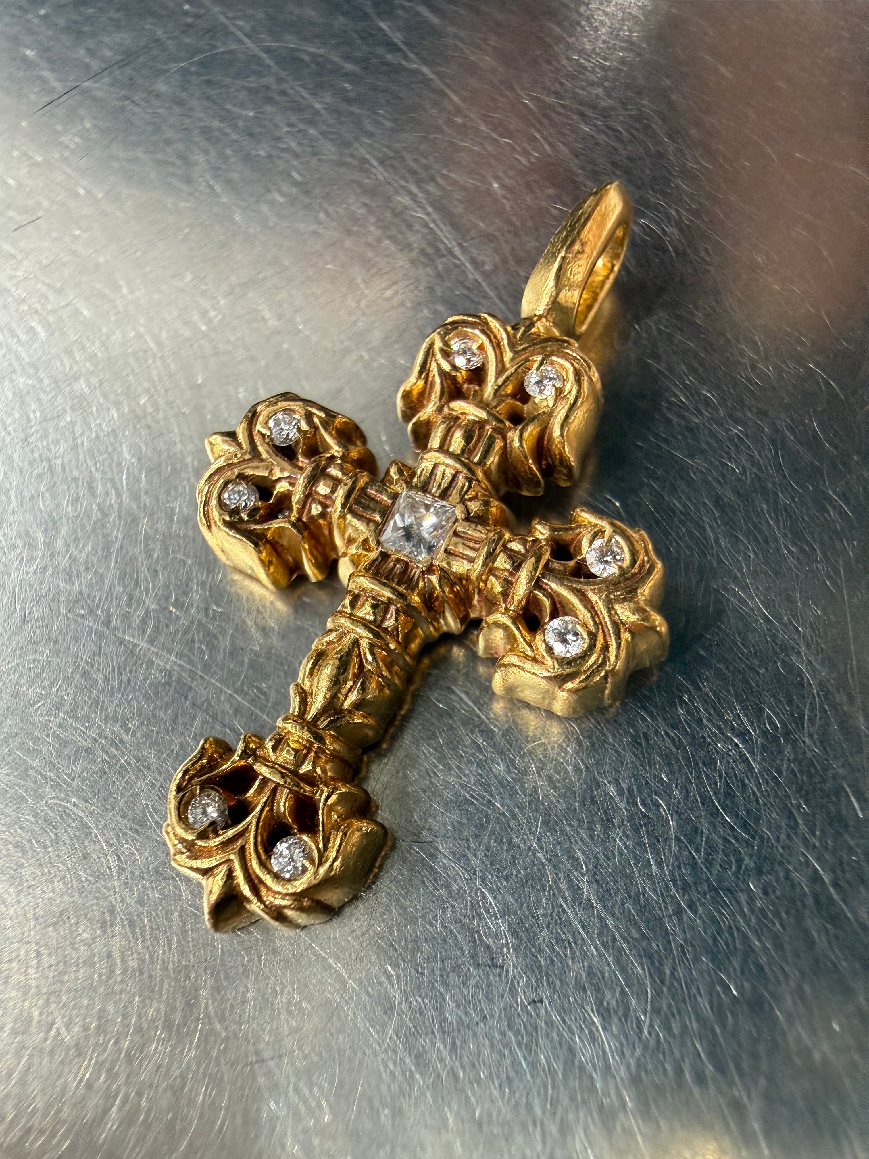 Chrome Hearts 22K Tiny Philigrey Cross Charm Pave Diamonds "Yellow Gold"