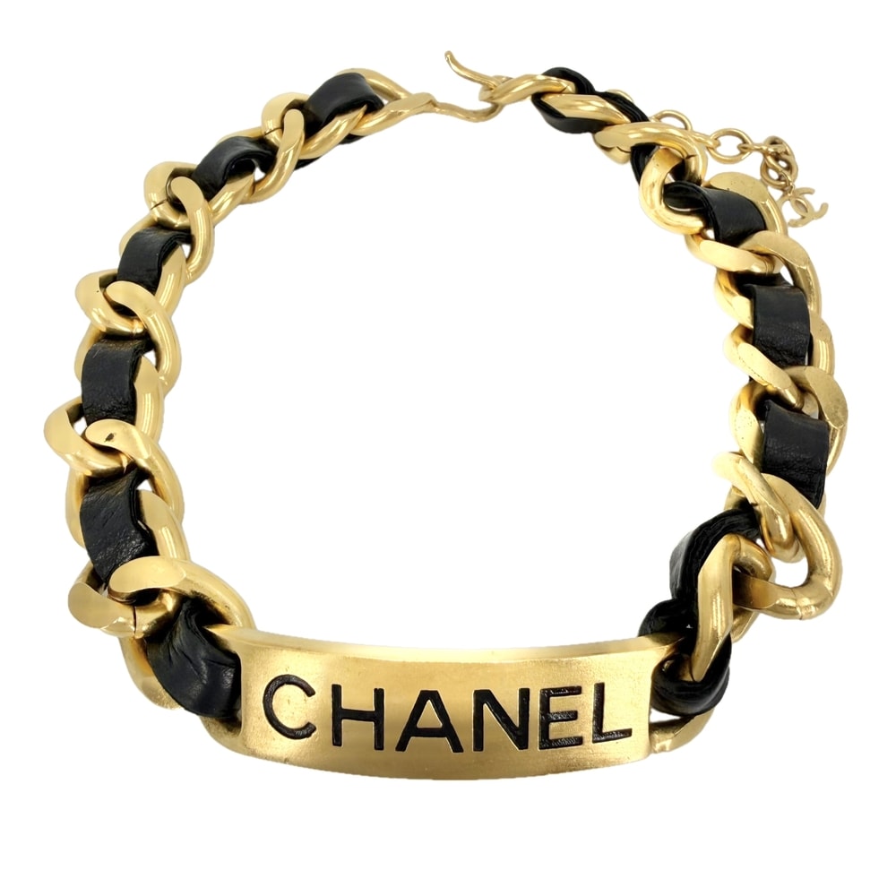 CHANEL シャネル チョーカー ココマーク ロゴプレート アクセサリー ネックレス アジャスター付き GP  レザー   95P ゴールド ブラック 黒 レディース 約117.4g 1995年【中古品】