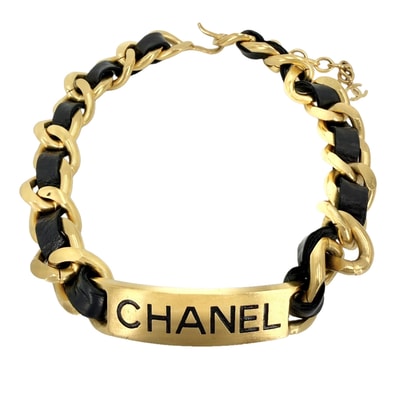 CHANEL シャネル チョーカー ココマーク ロゴプレート アクセサリー ネックレス アジャスター付き GP レザー 95P ゴールド ブラック 黒 レディース 約117.4g 1995年【中古品】