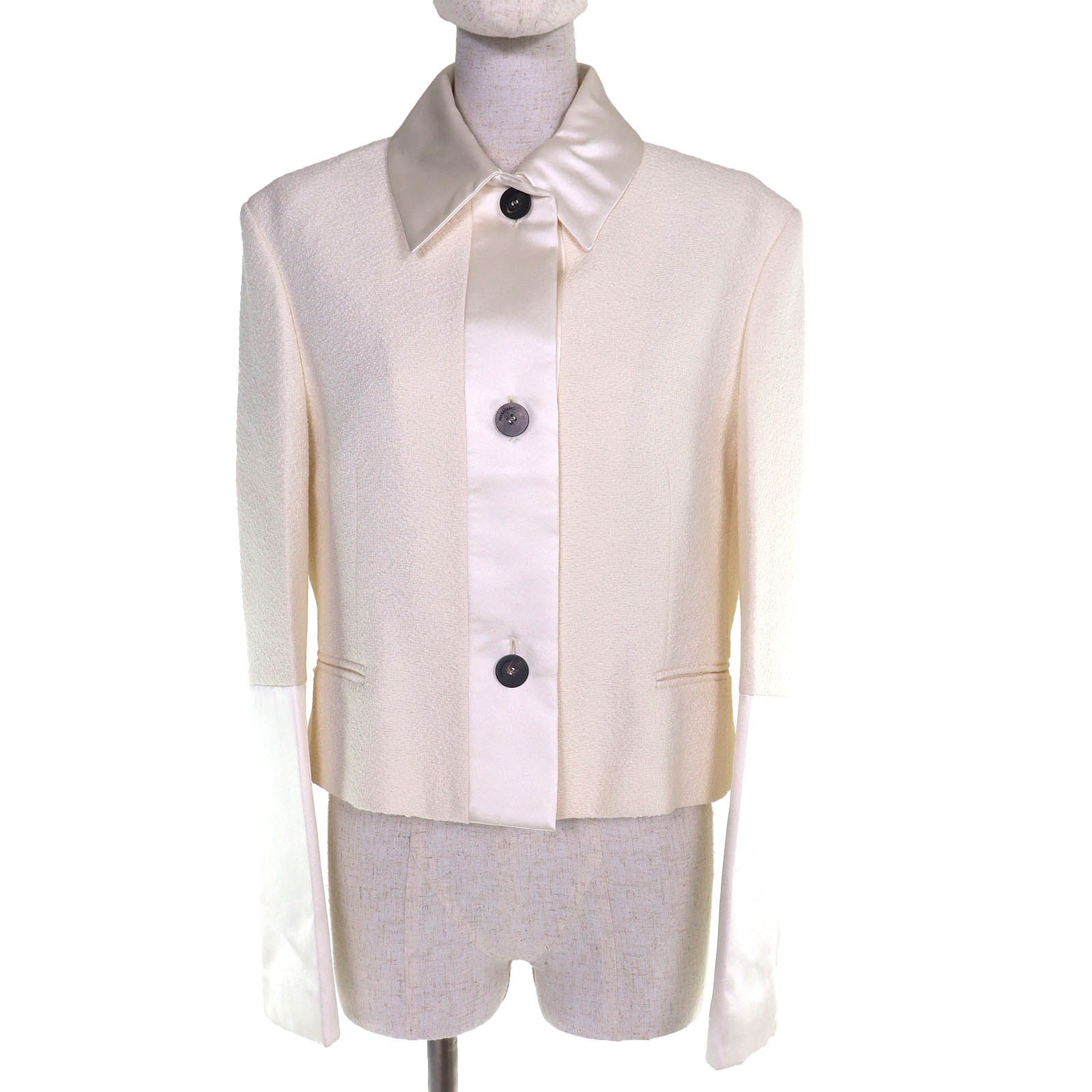 極美品 フェラガモ サテン切替 ウール ツイードジャケット 40 0763654