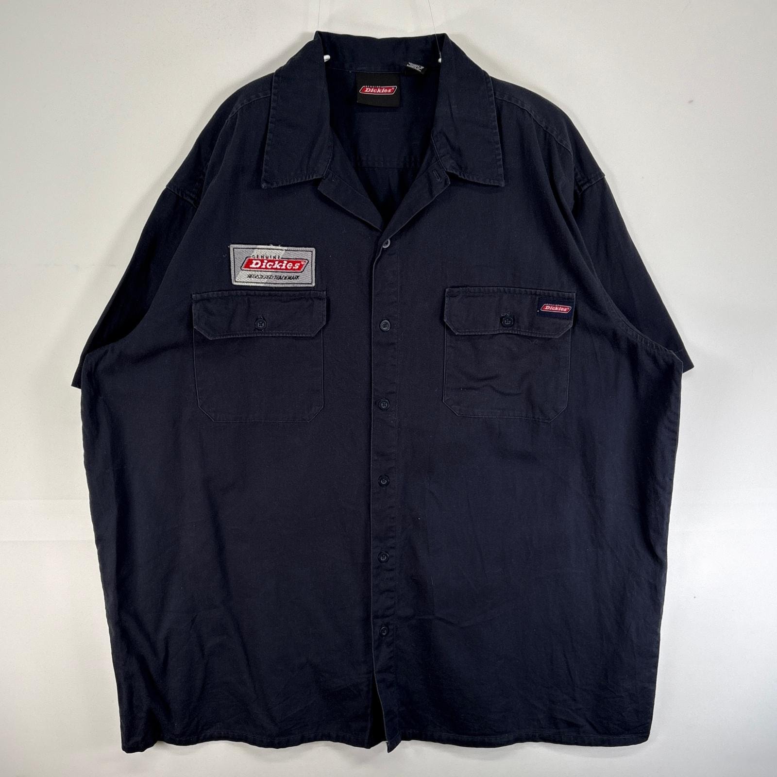 古着 ディッキーズ Dickies 半袖シャツ ワーク フラップポケ 作業着 大きいサイズ 肉厚 ロゴ 刺繍 2XL ネイビー メンズ
